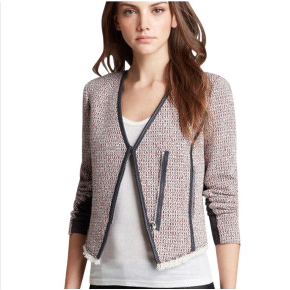 Rebecca Taylor Tweed Jacket Leather Trim Moto Asymmetric Red Gray Size 6 Classic